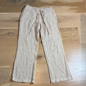 Beige 100% Linen Drawstring Pants